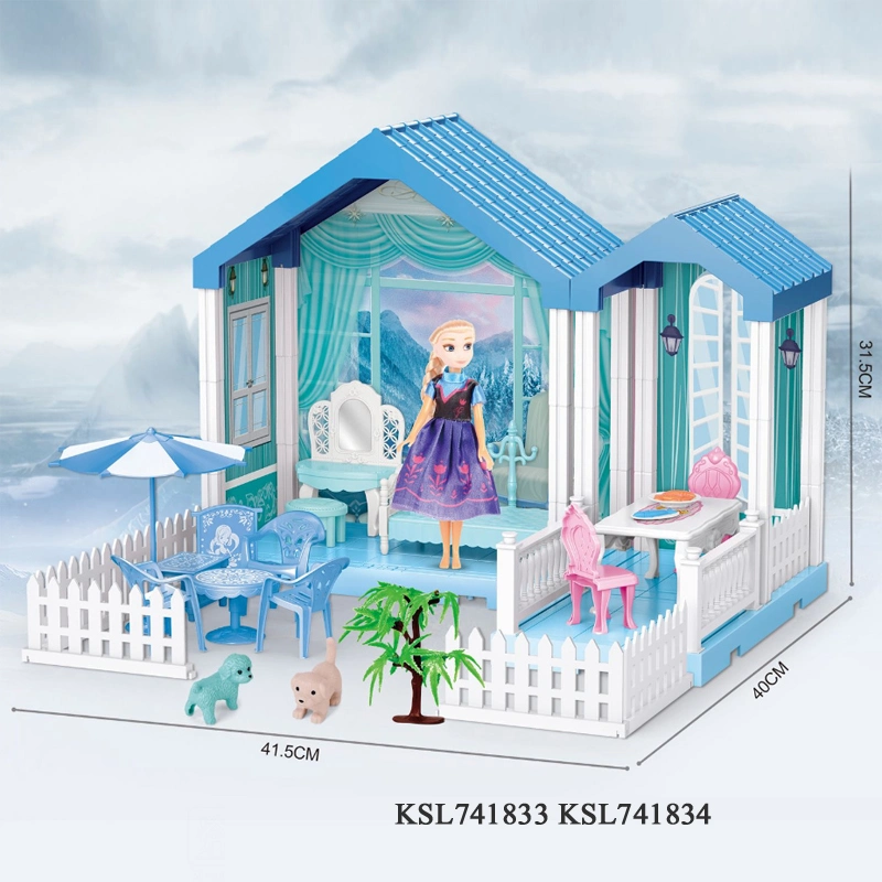 Frozen Blue Color Girl Lovely Villa Kids Plastic DIY Doll House Toys Princess Pretend Play Dollhouse Furniture Rich Accessories Girls Gift Doll House Toys