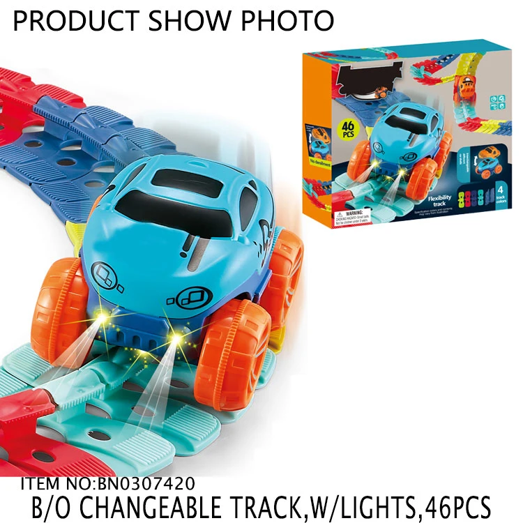 46 PCS Electric Track Toys Cool Railway Colorful Battery Powered Track Car with Lights DIY Changeable Track