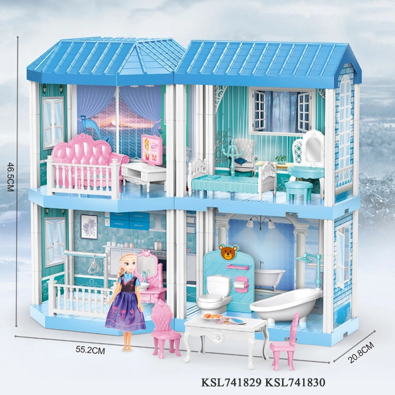 Frozen Blue Color Girl Lovely Villa Kids Plastic DIY Doll House Toys Princess Pretend Play Dollhouse Furniture Rich Accessories Girls Gift Doll House Toys