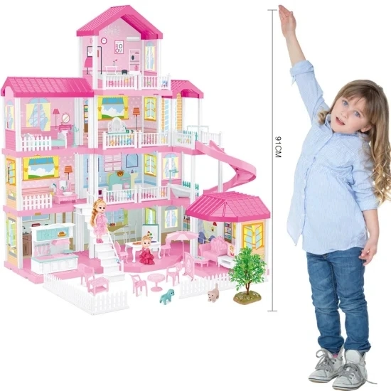 Factory Direct Sales Pretend Play Set Girls Dream House Kids Blue Villa DIY Doll House Toys Furniture Dollhouse Luxurious Dolls House